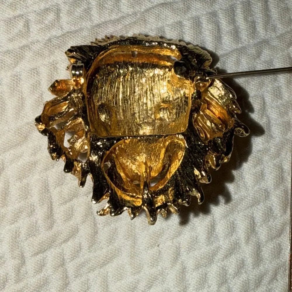 Vintage Gold Black Rhinestone Lion Head Brooch‎ Pin